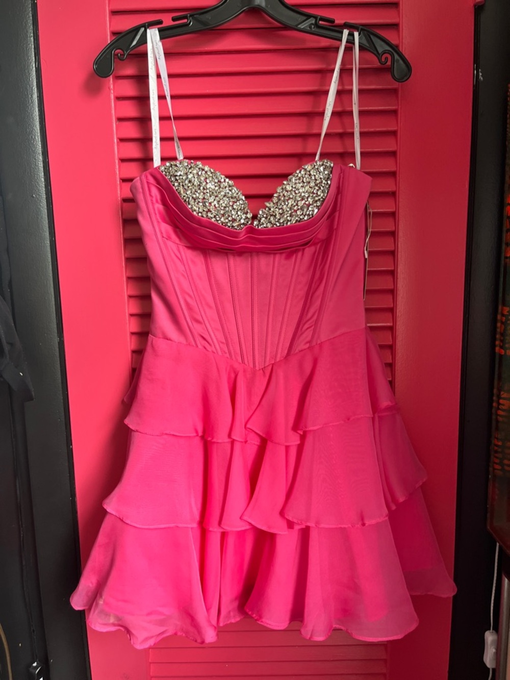Beaded Bust Hot Pink Tiered Ruffle Prom Dress - Picture 13 of 16